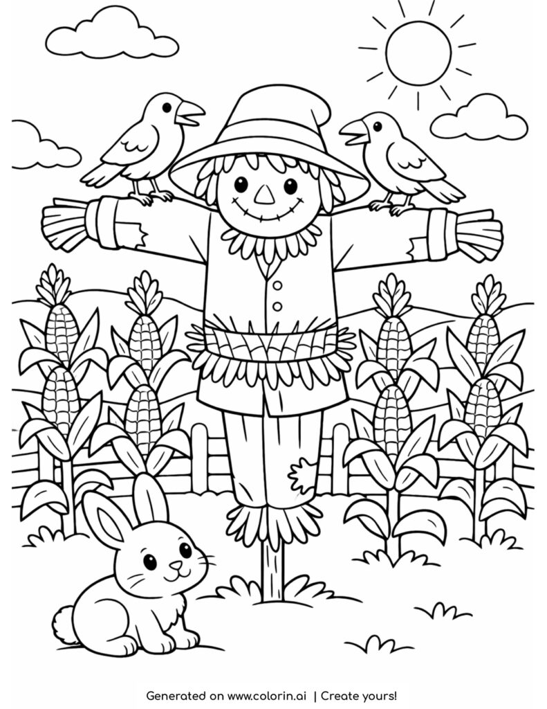 scarecrow with birds in cornfield coloring page with rabbit and sunny sky