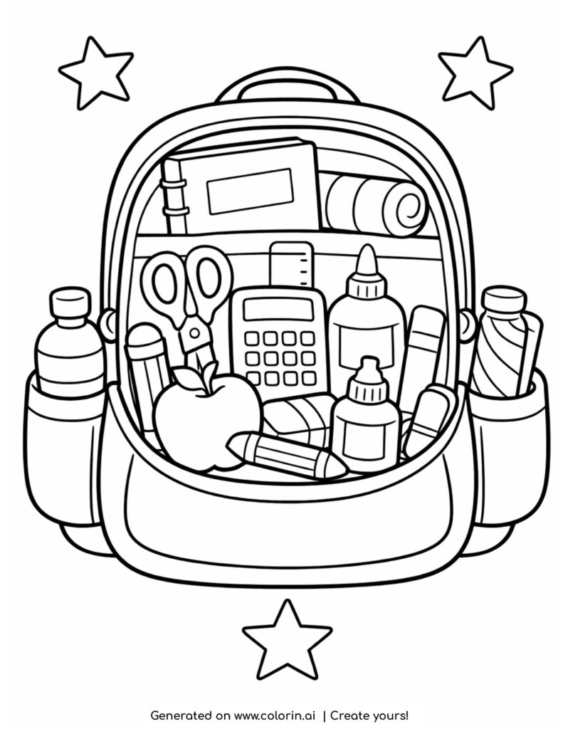 school backpack with supplies inside coloring page with books and stationery