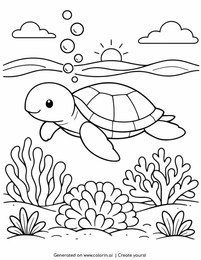 sea turtle swimming near coral reef coloring page with bubbles ocean and sunset
