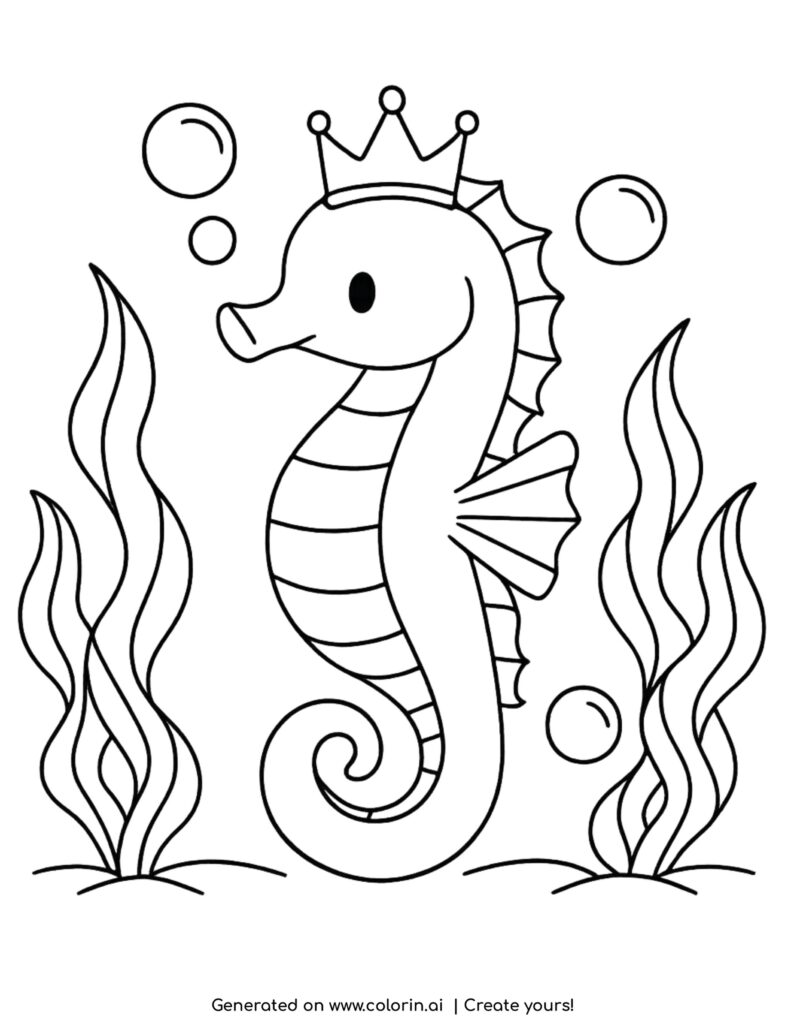 seahorse with crown underwater coloring page with seaweed and bubbles