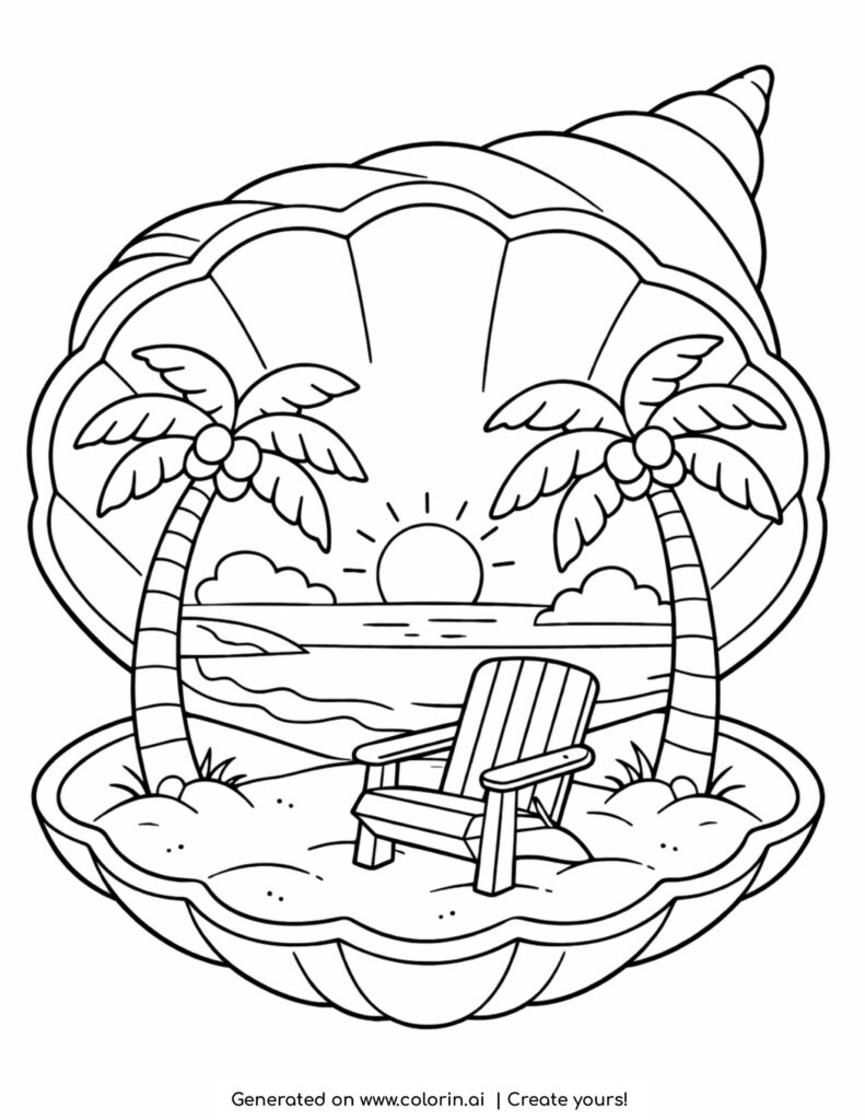 seashell beach sunset with chair coloring page showing palms and ocean view
