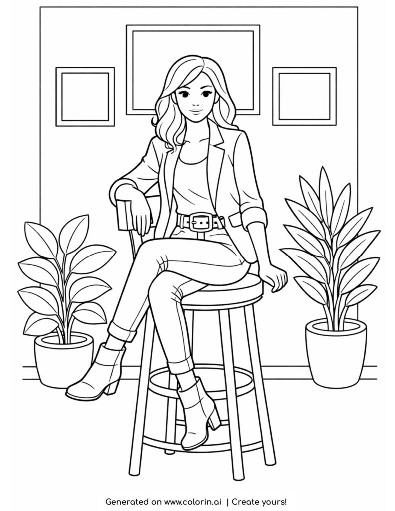 woman sitting on stool with casual outfit and plants coloring page
