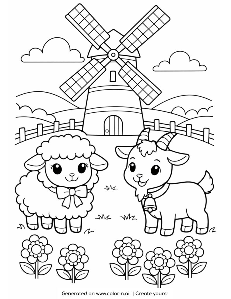 sheep and goat near windmill coloring page with flowers and fence scene