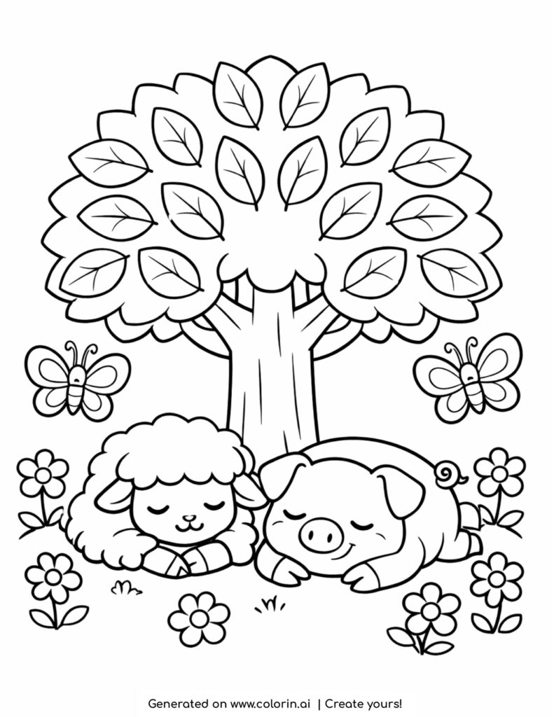 sheep and pig sleeping under tree coloring page with butterflies and flowers