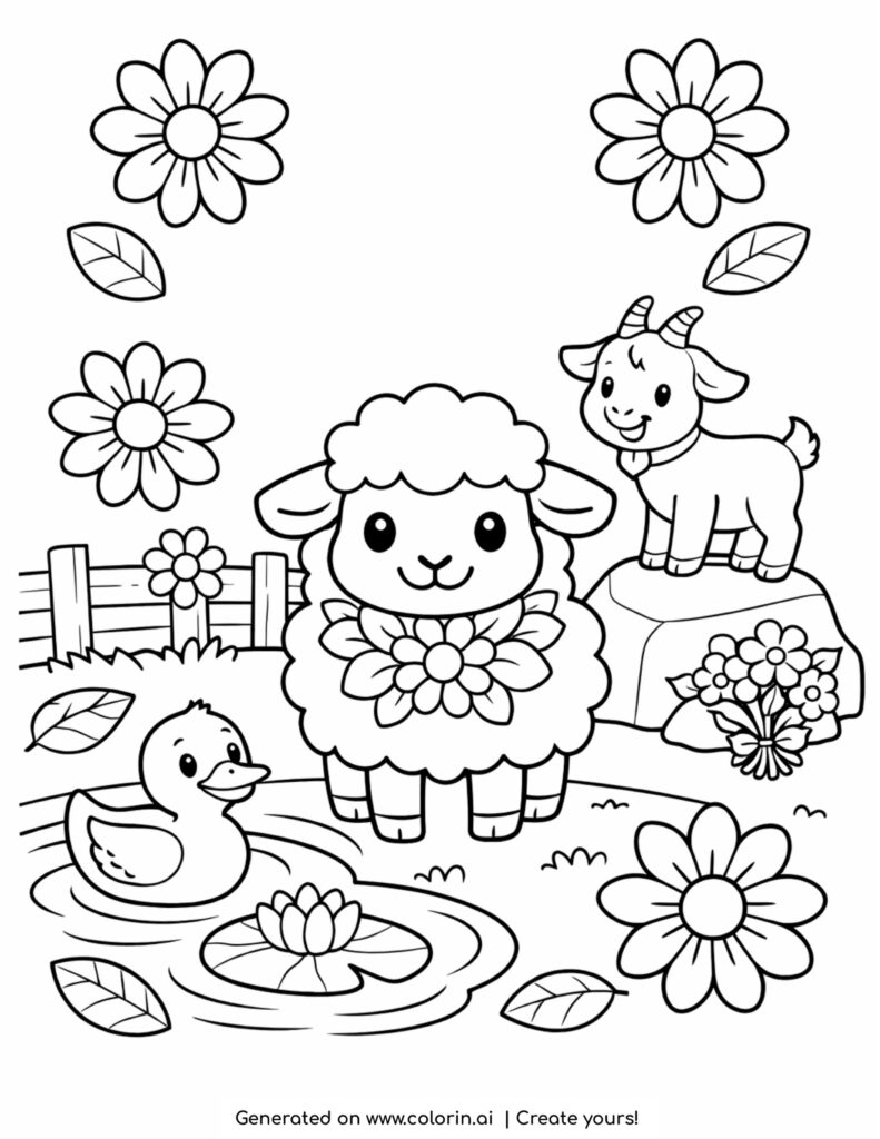 sheep with goat and duck pond cute farm animals scene coloring page