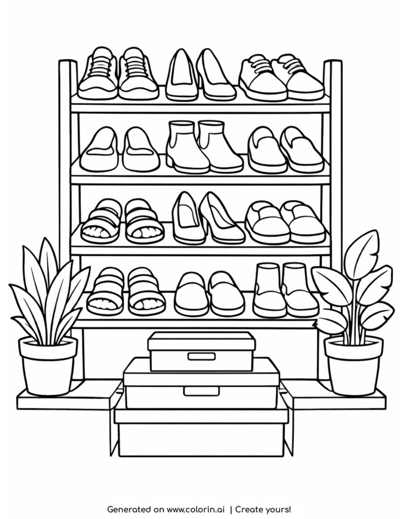 shoe rack with multiple pairs of shoes plants and boxes coloring page