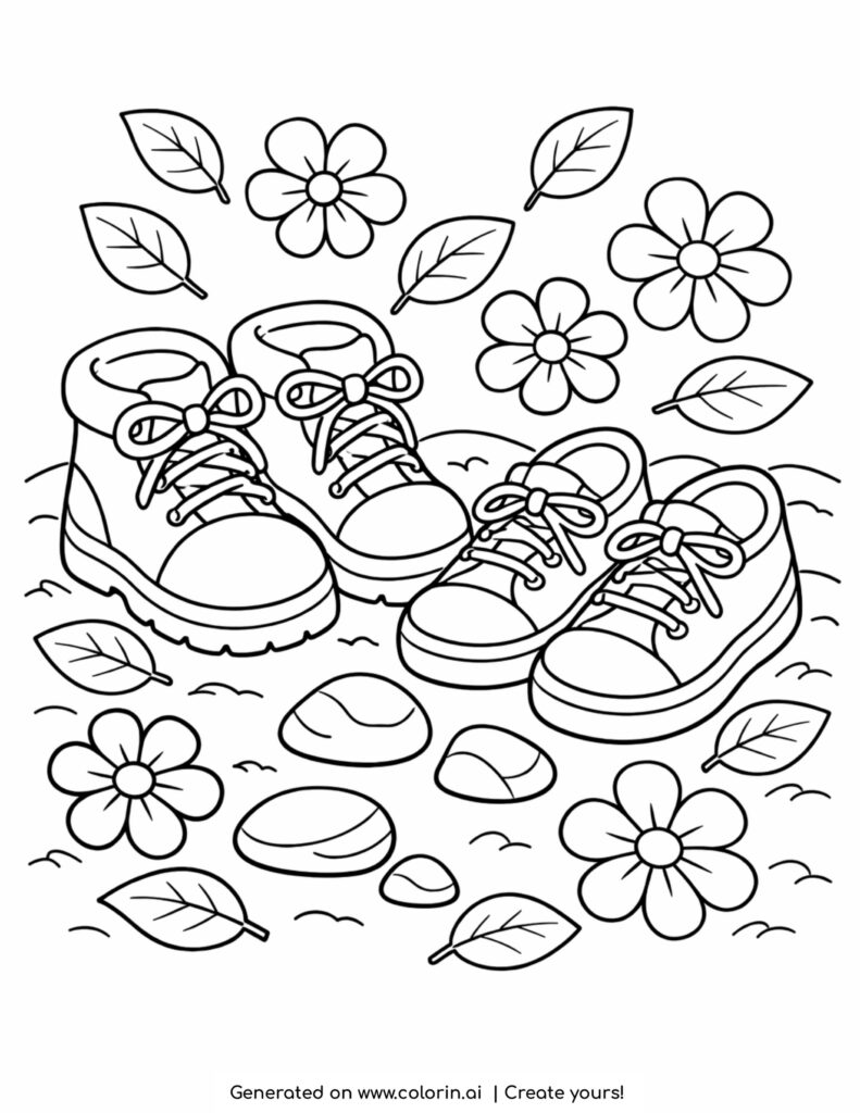 two pairs of shoes surrounded by flowers leaves and stones coloring page