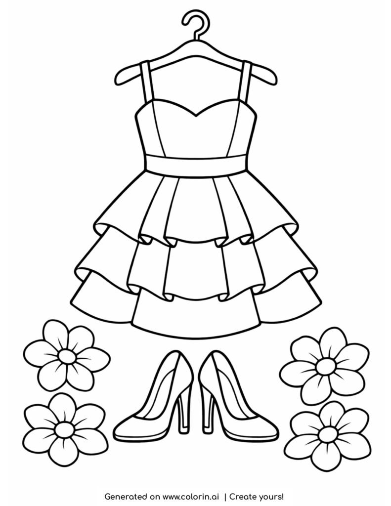 short layered dress with high heels and flowers coloring page
