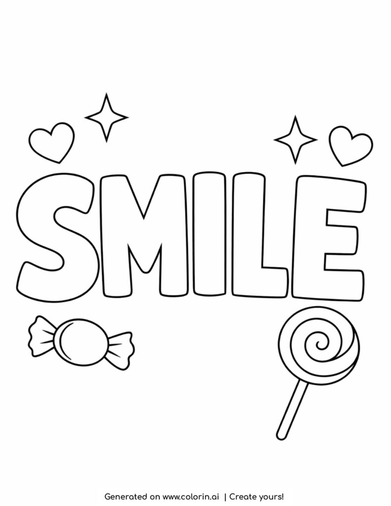 smile with hearts and candy coloring page with stars and lollipop design coloring page