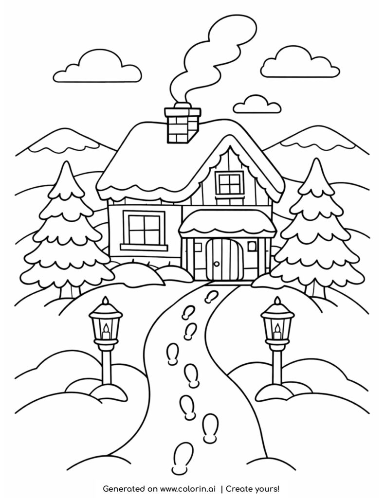 snowy mountain cottage with footprints coloring page with chimney smoke and pine trees