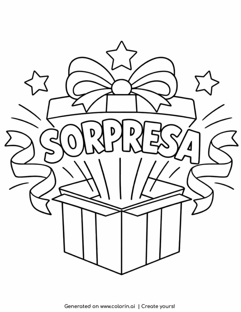 sorpresa gift box opening ribbons coloring page with stars and surprise text burst