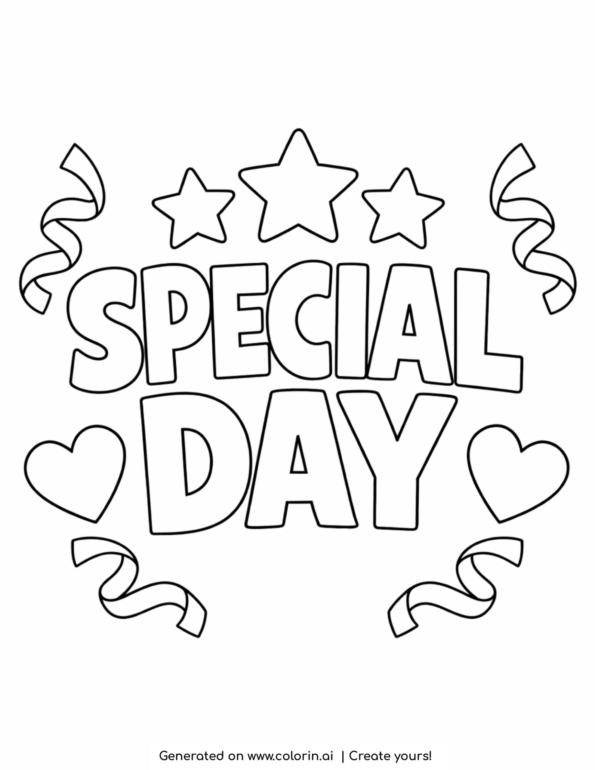 Special day text with stars and hearts coloring page | Printable