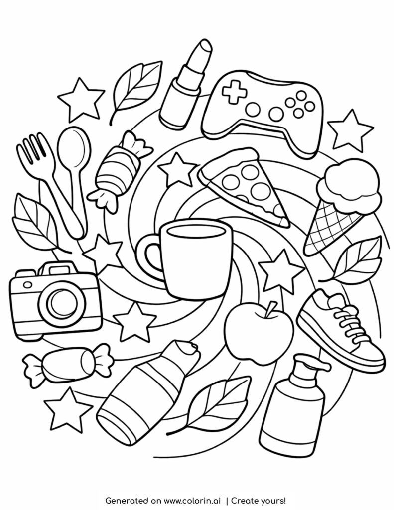 spiral doodle with everyday items coloring page with stars food and objects