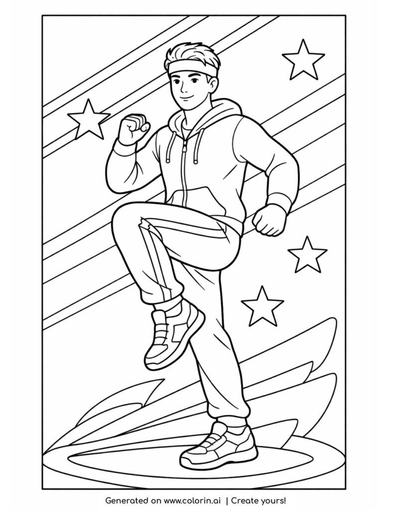 sporty man doing high knee pose coloring page with stars and dynamic background
