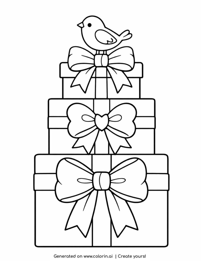 stacked gift boxes with bird coloring page with bows and small perched bird