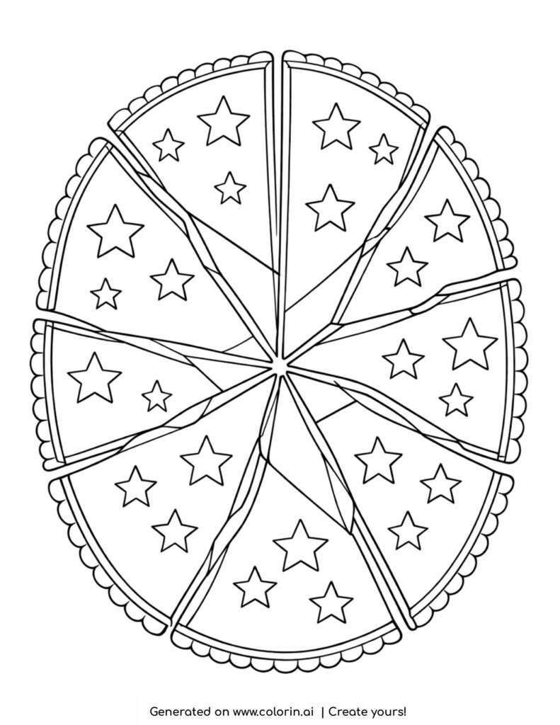 star pattern broken mirror circle coloring page with segmented pieces and stars