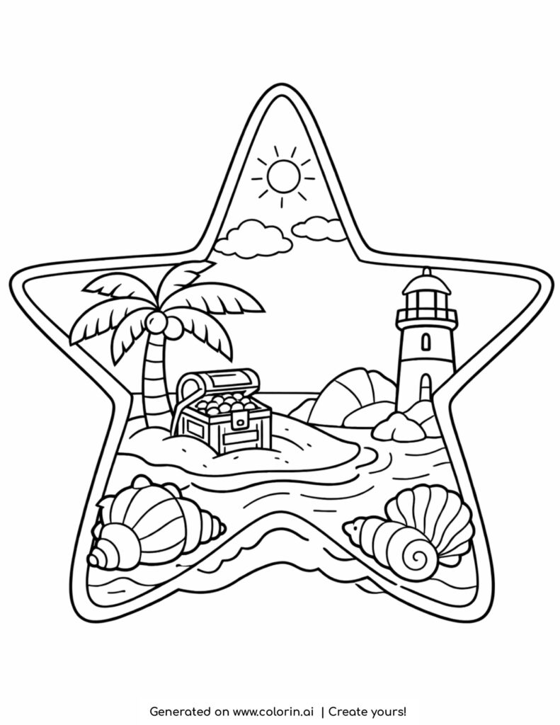 starfish with beach scene inside coloring page with lighthouse palm tree and shells