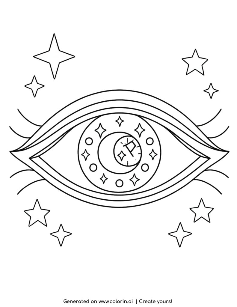 stylized eye with stars around coloring page with sparkles and lines