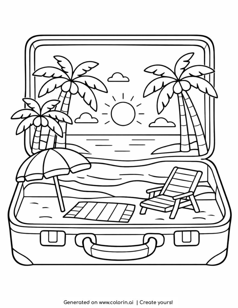 suitcase with beach scene inside coloring page with palm trees umbrella and chair