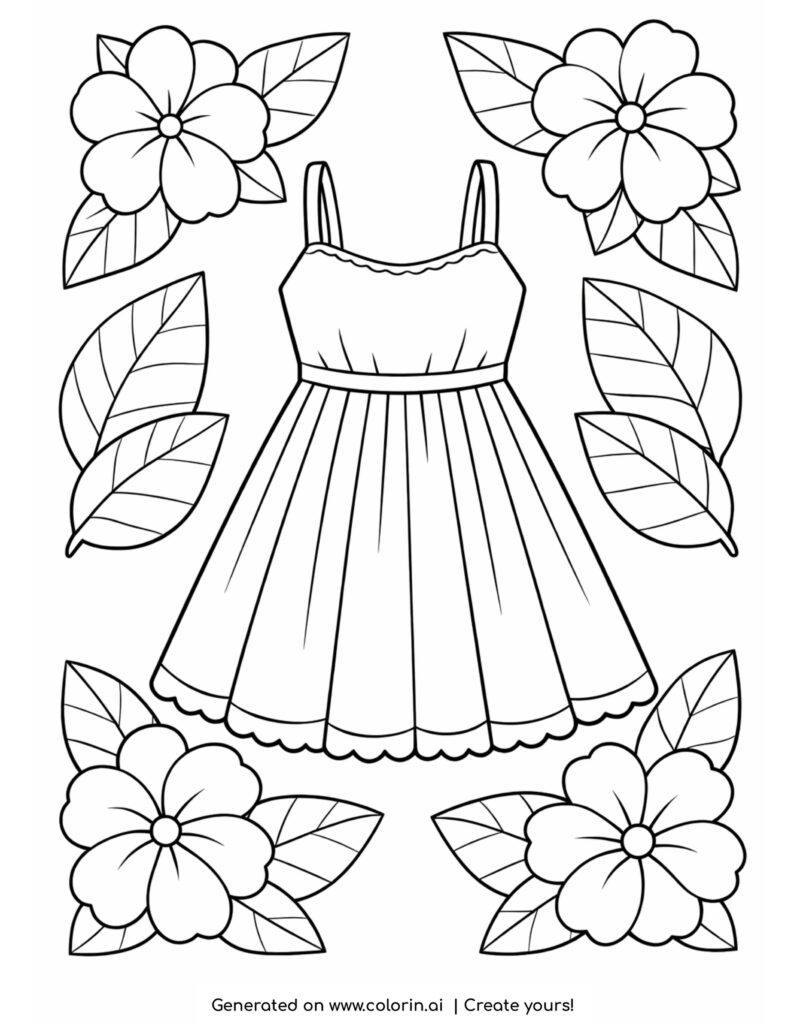 light summer dress with floral decorations and leaves coloring page