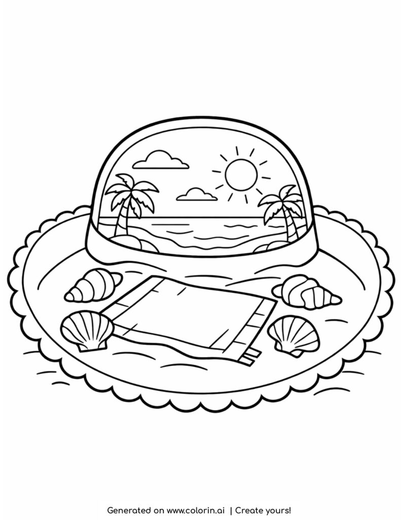 sun hat with beach scene inside coloring page with shells towel and ocean view
