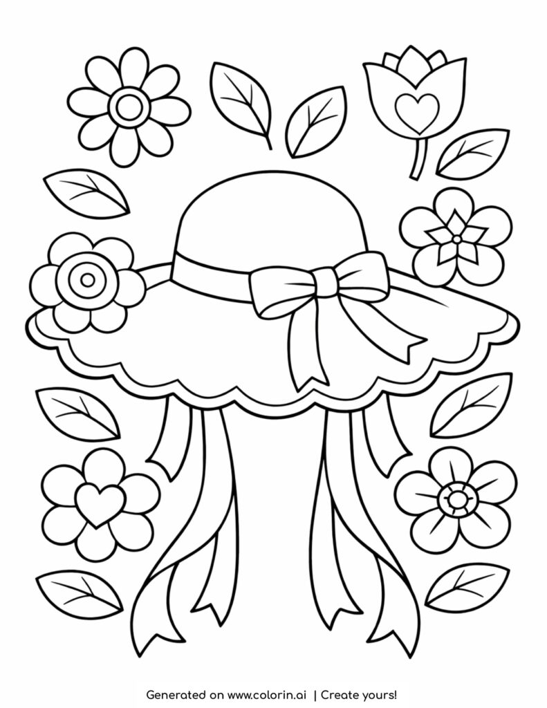 sun hat with bow ribbons surrounded by flowers and leaves coloring page