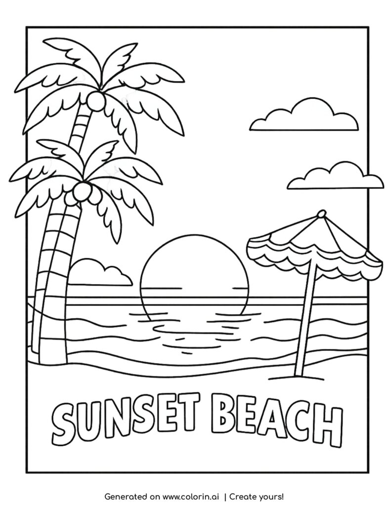 sunset beach scene with palms coloring page with ocean horizon and umbrella