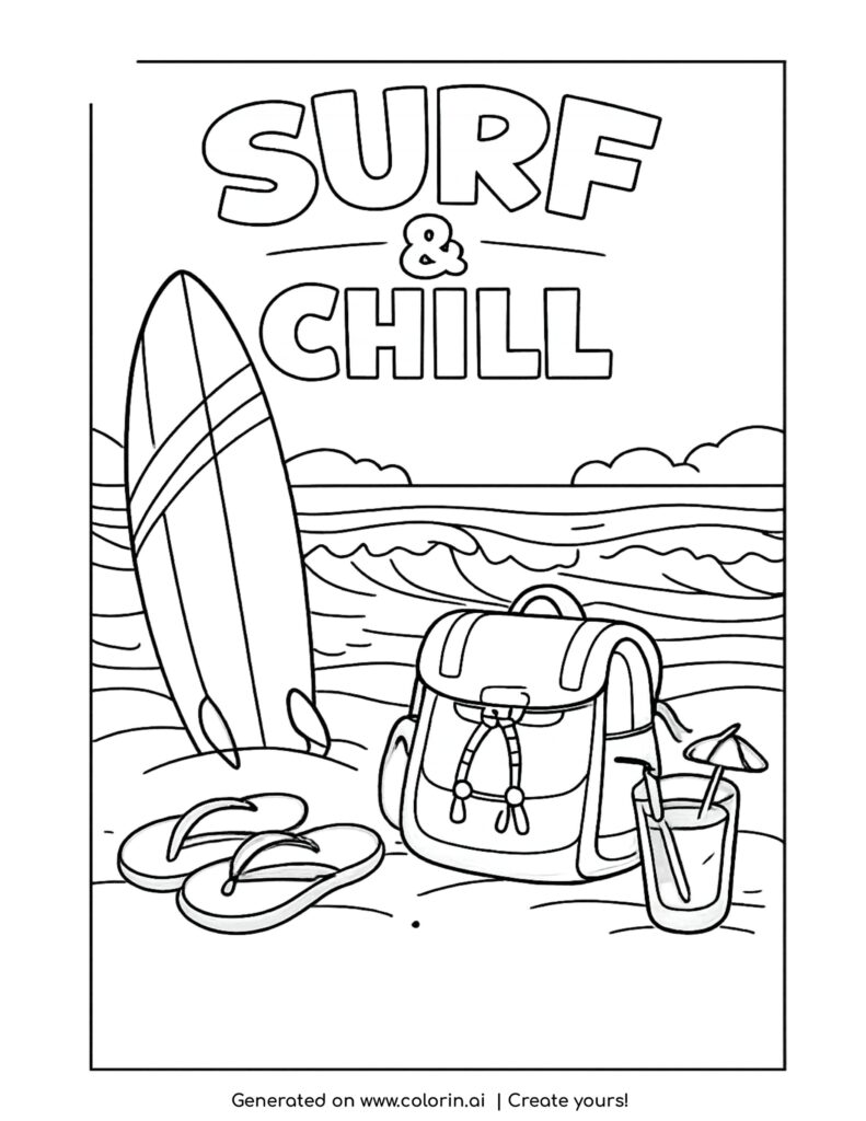 surfboard and beach backpack by ocean coloring page with waves sandals and drink
