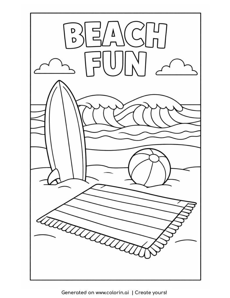 surfboard and beach ball by waves coloring page with towel and ocean waves