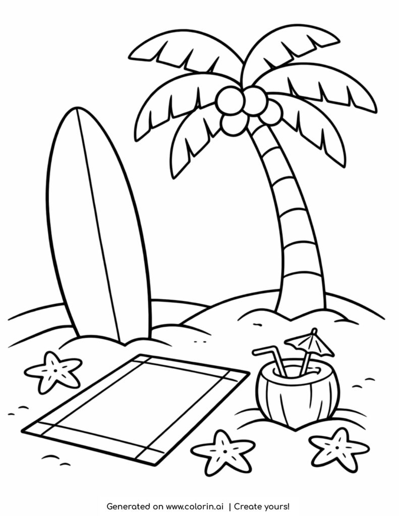 surfboard by palm tree beach scene coloring page with coconut drink and stars