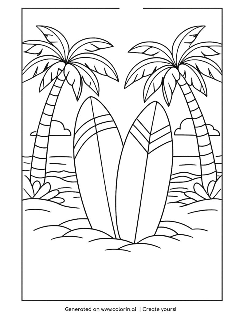 surfboards on beach with palms coloring page with two boards and tropical trees