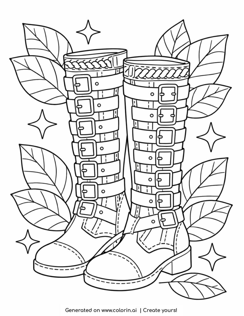 tall boots with buckles surrounded by leaves and stars coloring page