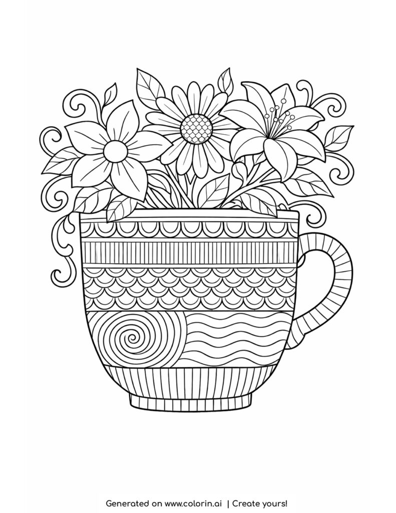 teacup with flowers and vines detailed pattern coloring page