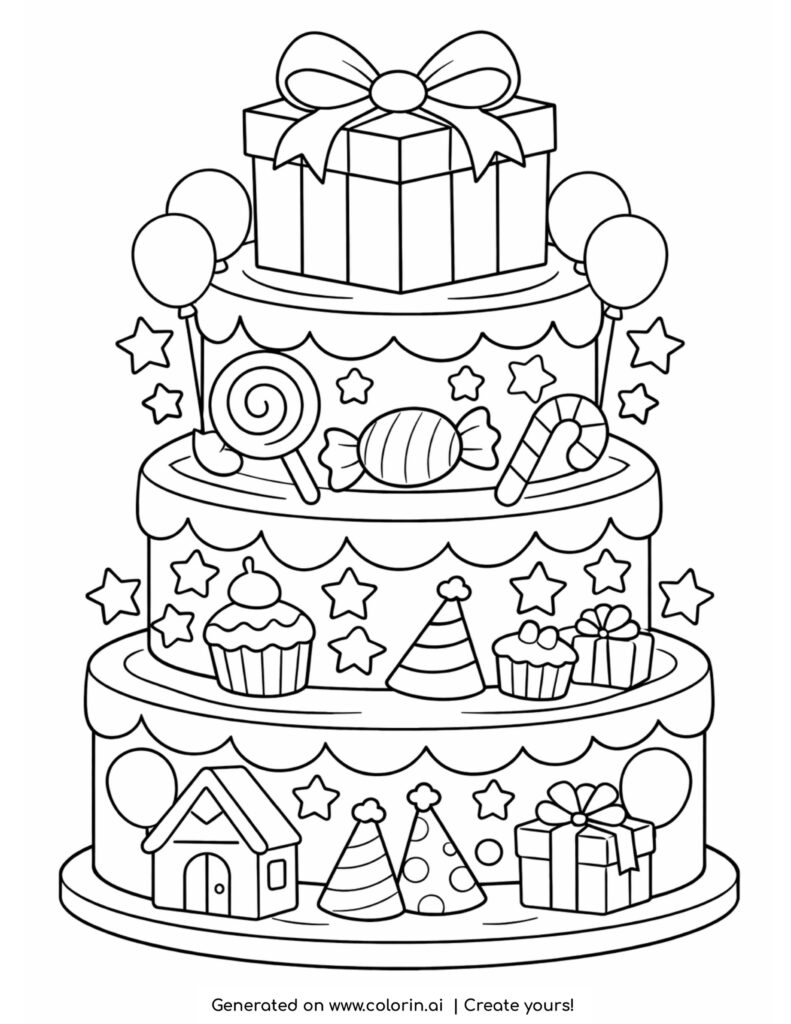 three tier birthday cake with gifts coloring page with candies and festive decorations