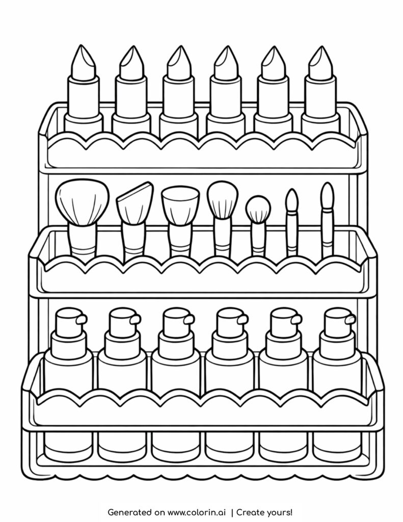 three tier makeup organizer with products coloring page with lipsticks brushes and bottles