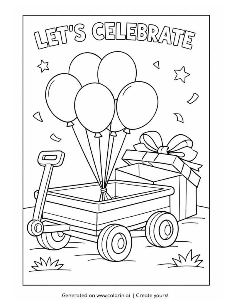 toy wagon with balloons and gift coloring page with celebration text and decorations