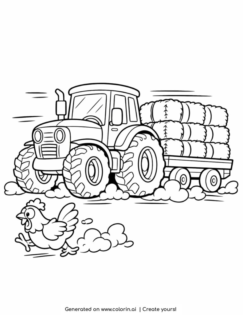 tractor pulling hay trailer coloring page with chicken running and dust