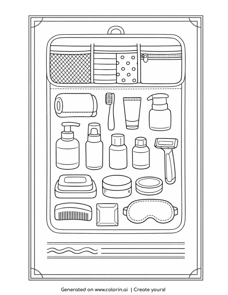 Travel Toiletry Kit with Compartments Coloring Page | Printable