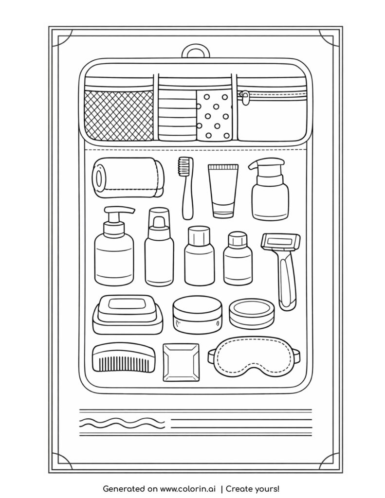 travel toiletry kit with compartments coloring page with organized travel items