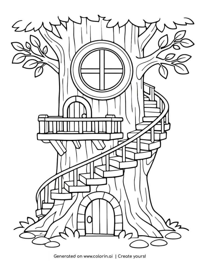 treehouse with spiral stairs coloring page with round window and wooden balcony