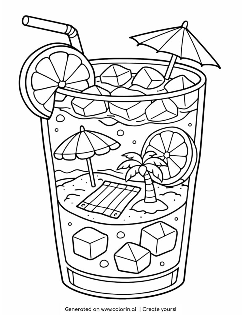 tropical drink with beach scene coloring page with fruit slices and mini beach inside glass