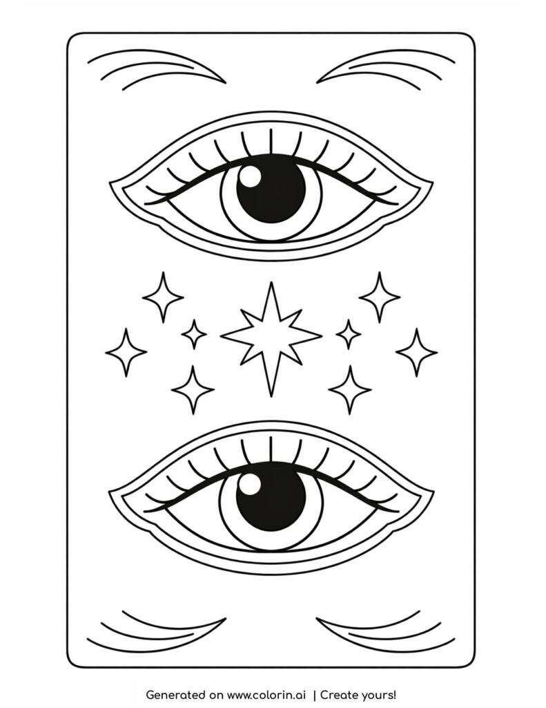 two eyes with stars between coloring page with decorative lines and lashes