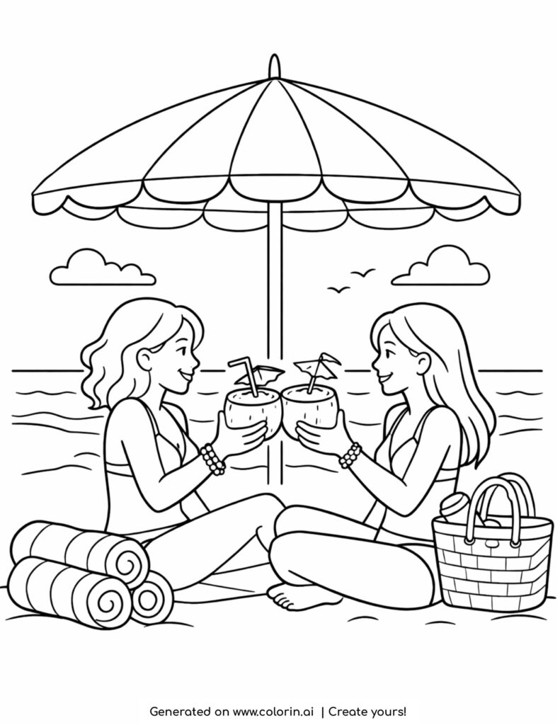 two friends toasting coconut drinks beach coloring page sitting under umbrella with beach accessories