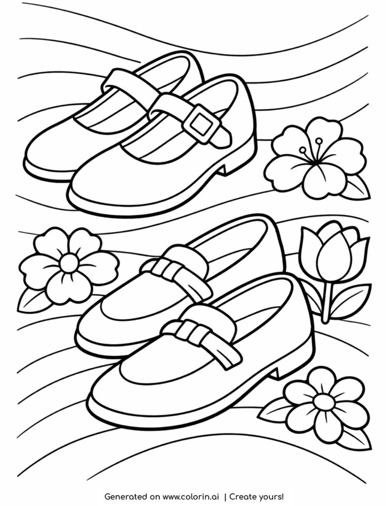 two pairs of shoes with flowers coloring page featuring diagonal layout and decorative floral elements