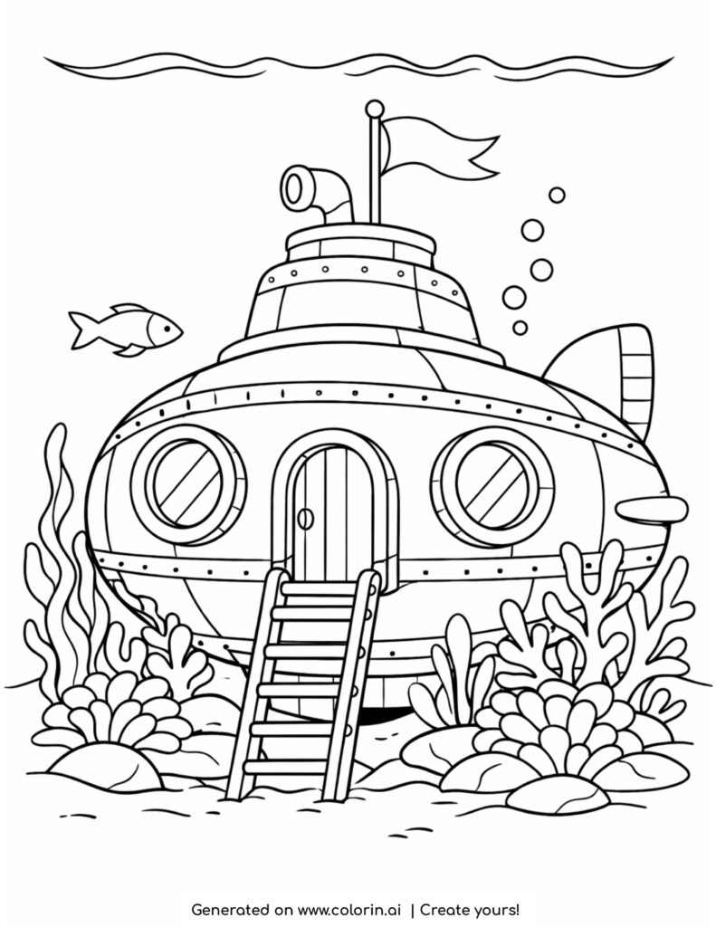 underwater submarine house with fish coloring page with coral and bubbles coloring page