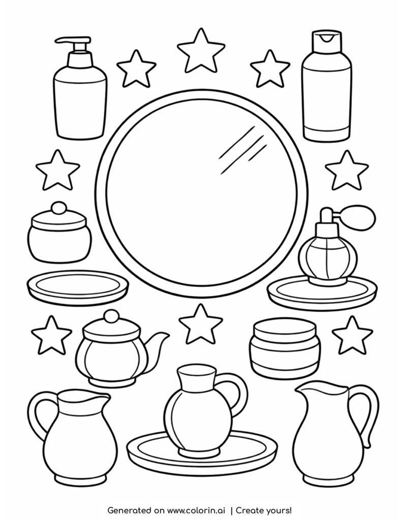 vanity mirror with skincare bottles coloring page with stars and beauty containers