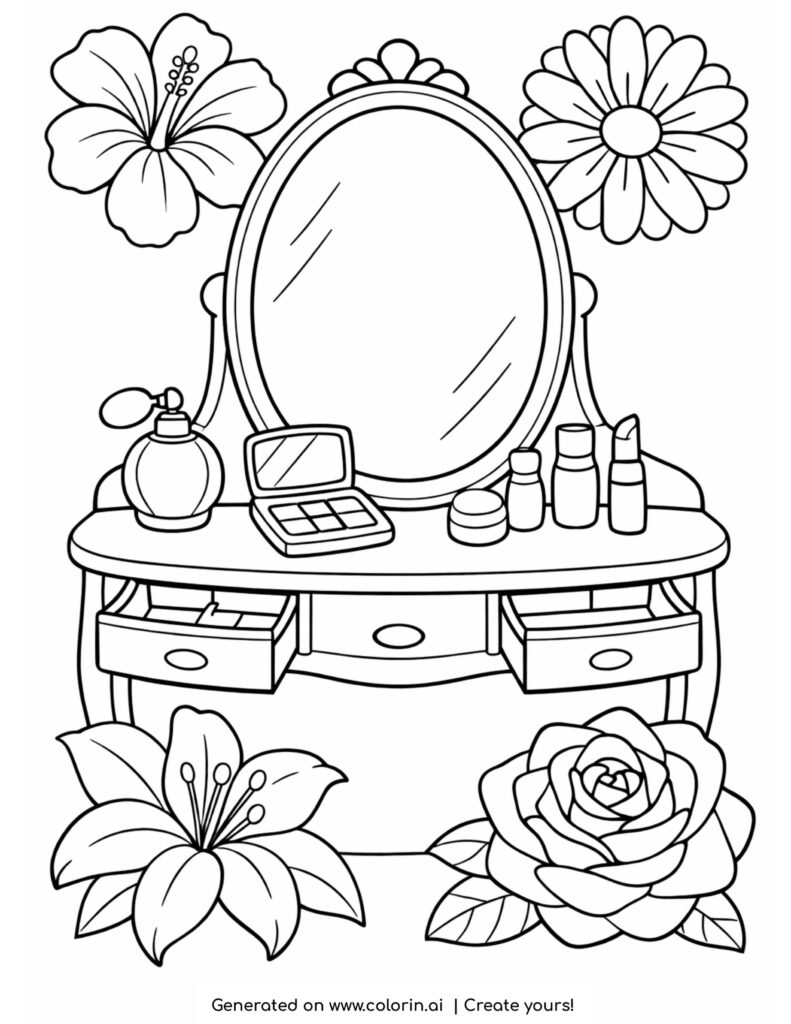 vanity table with mirror and makeup coloring page with flowers and beauty products