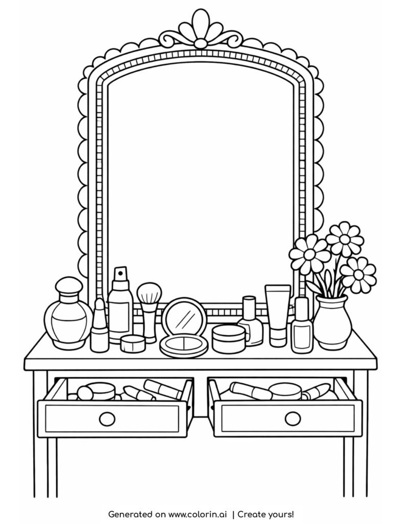 vanity table with mirror and makeup products coloring page with flowers and beauty items