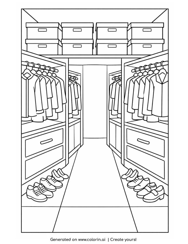walk in closet with clothes and shoes coloring page with shelves racks and storage boxes