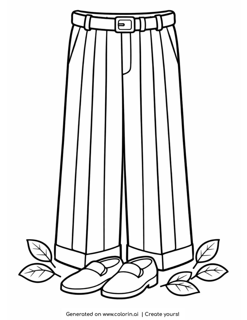 wide pleated pants with shoes coloring page featuring detailed folds, belt and simple shoes